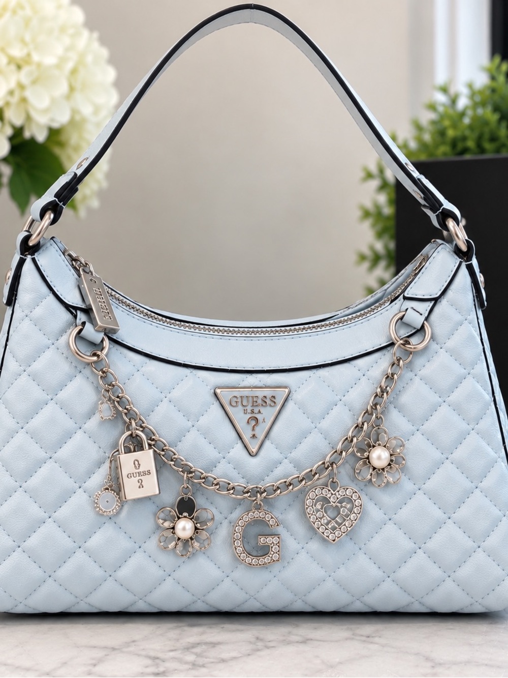 GUESS Tinsley Medium Quilted Shoulder Bag Silver w/ Charm Chain